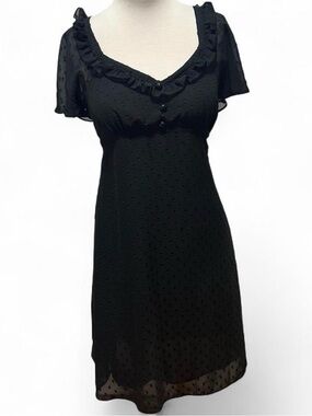 Black Ruffle V-Neck Swiss Dot Dress